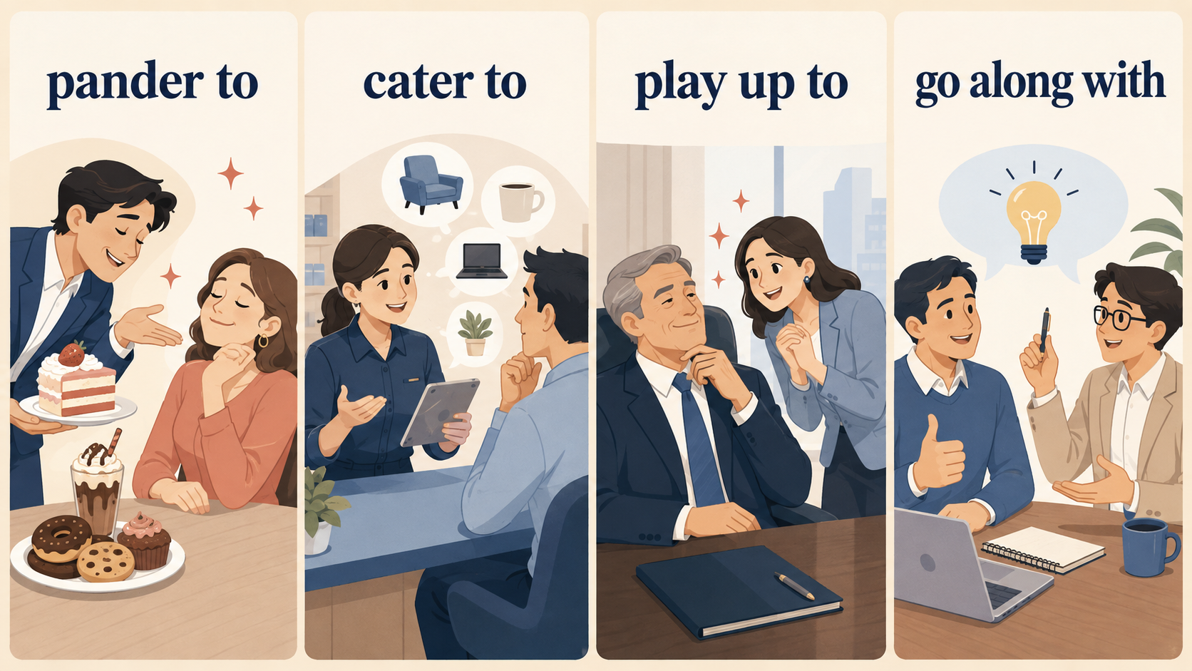 pander to・cater to・play up to・go along withの違いを示すイラスト