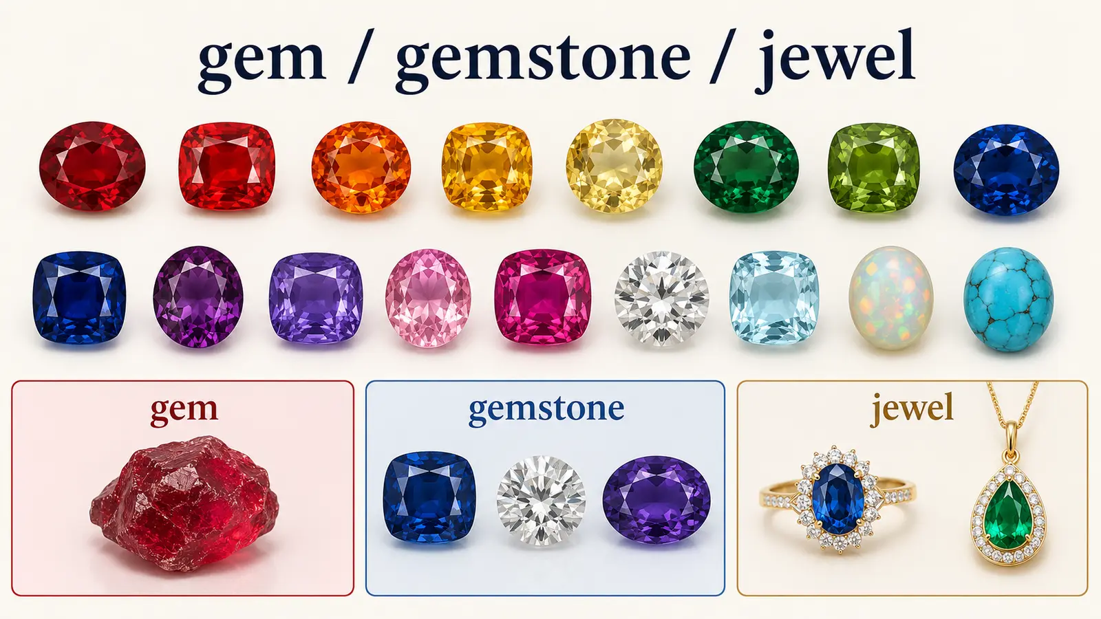 gem、gemstone、jewelの違いを比較した解説図