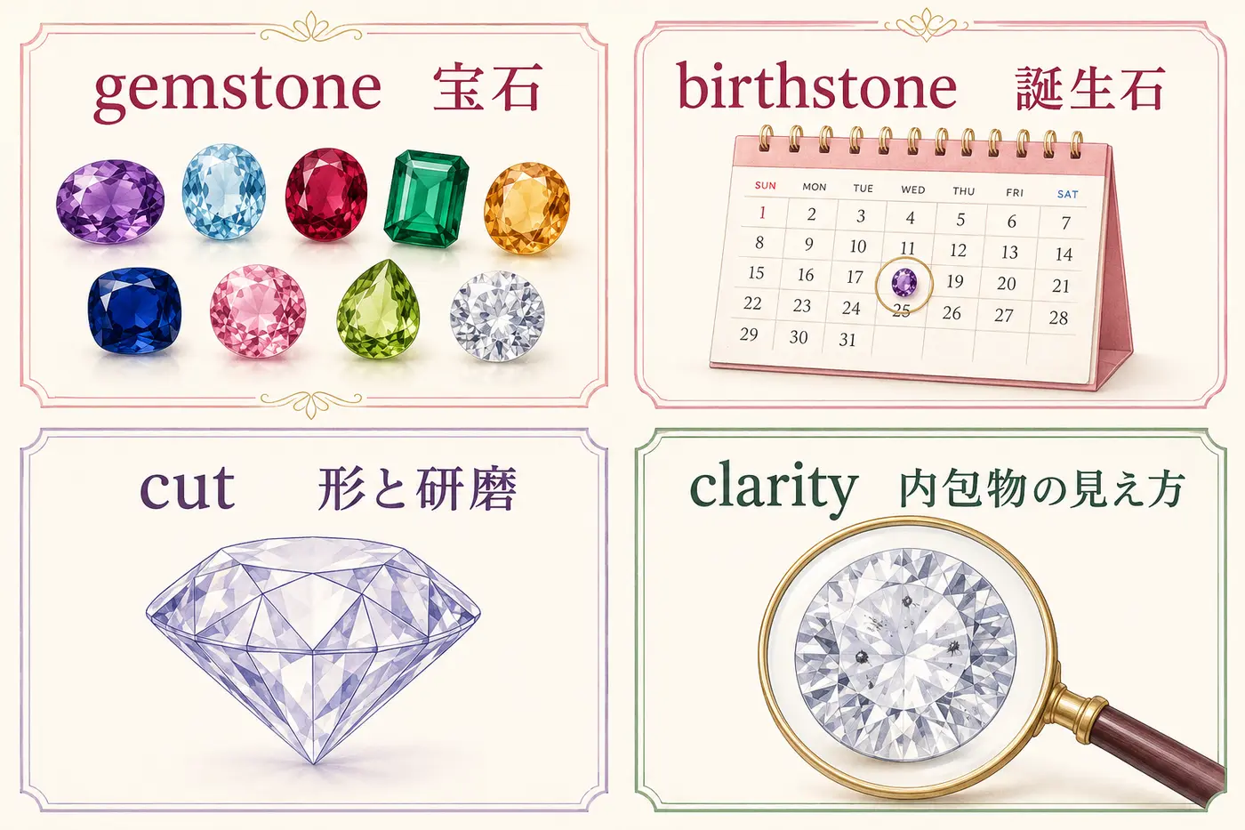 gemstone、birthstone、cut、clarityの意味を示す英語イラスト