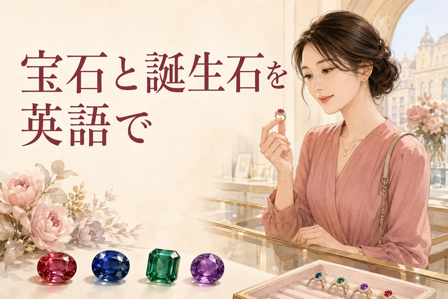 海外のジュエリー店で宝石を見る女性と「宝石と誕生石を英語で」の文字