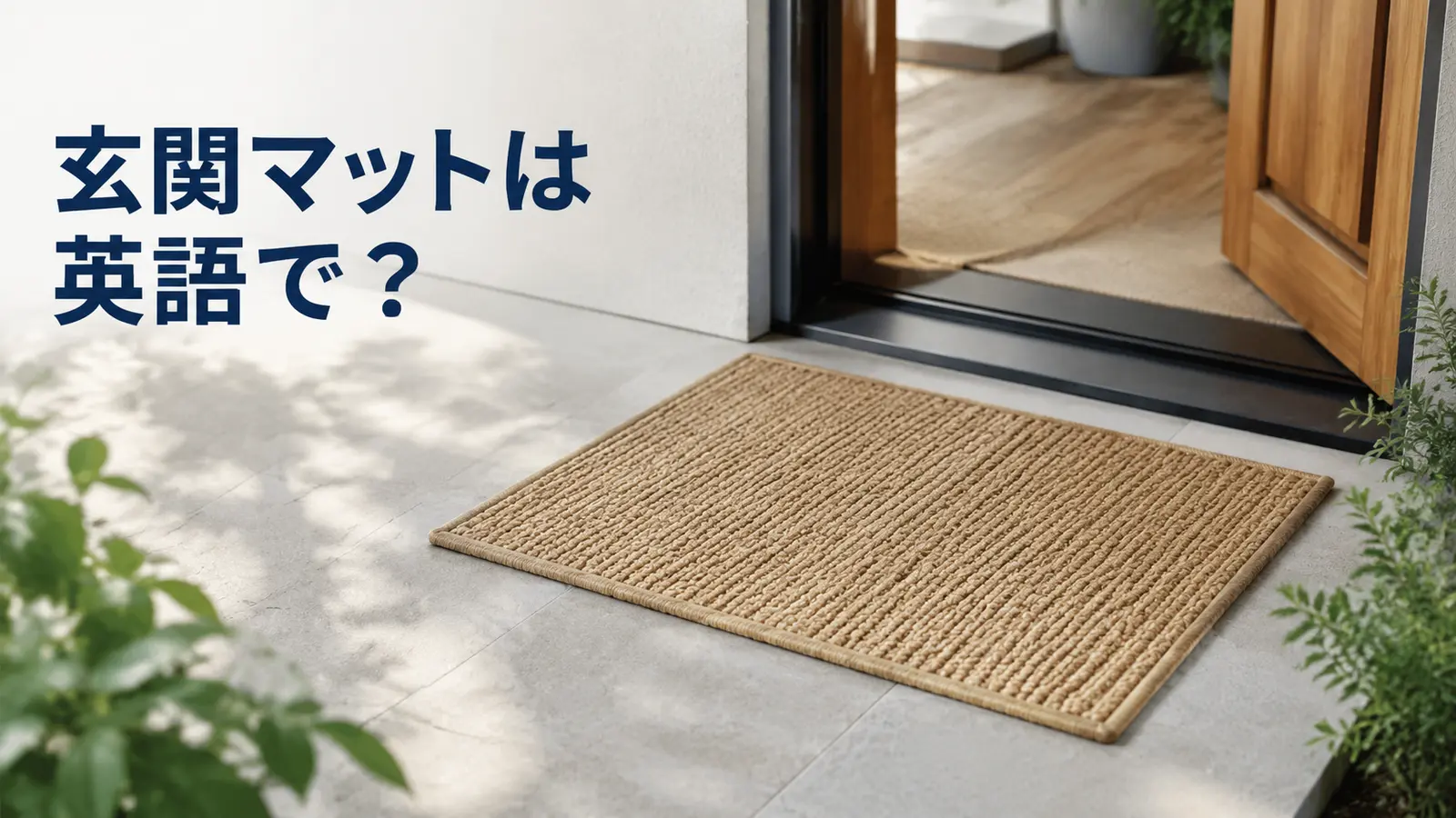 玄関前のドアマットと「玄関マットは英語で？」の文字