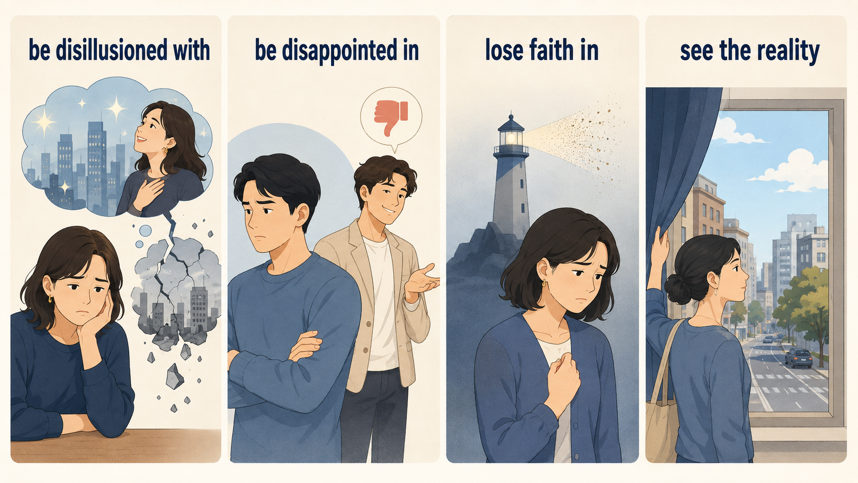 be disillusioned with・be disappointed in・lose faith in・see the realityの違いを示すイラスト