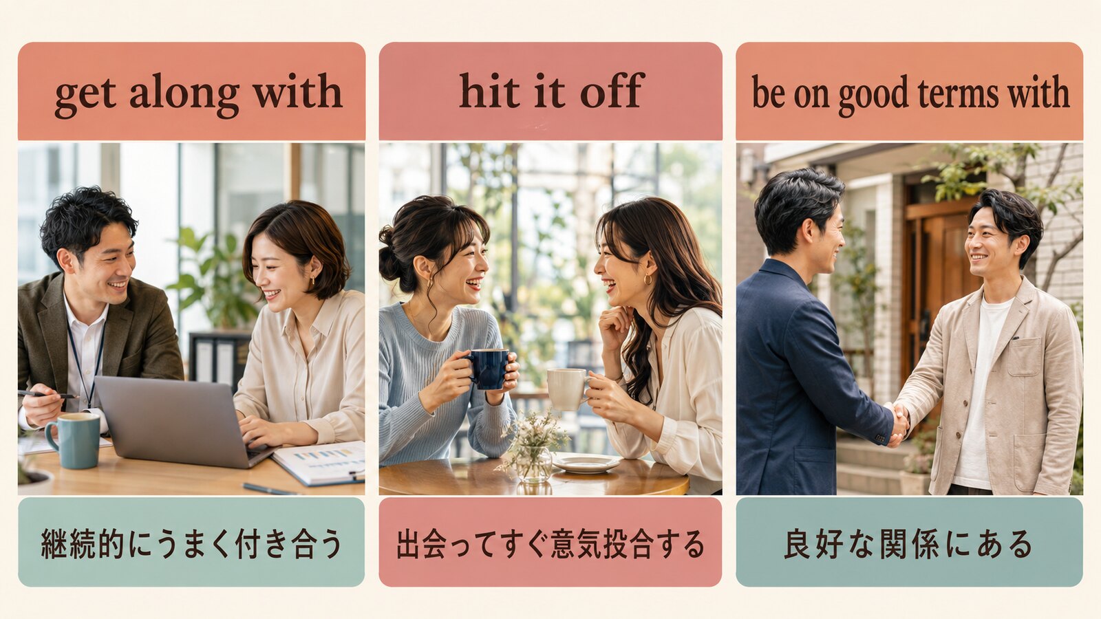 get along with・hit it off・be on good terms withの違いを示す図解