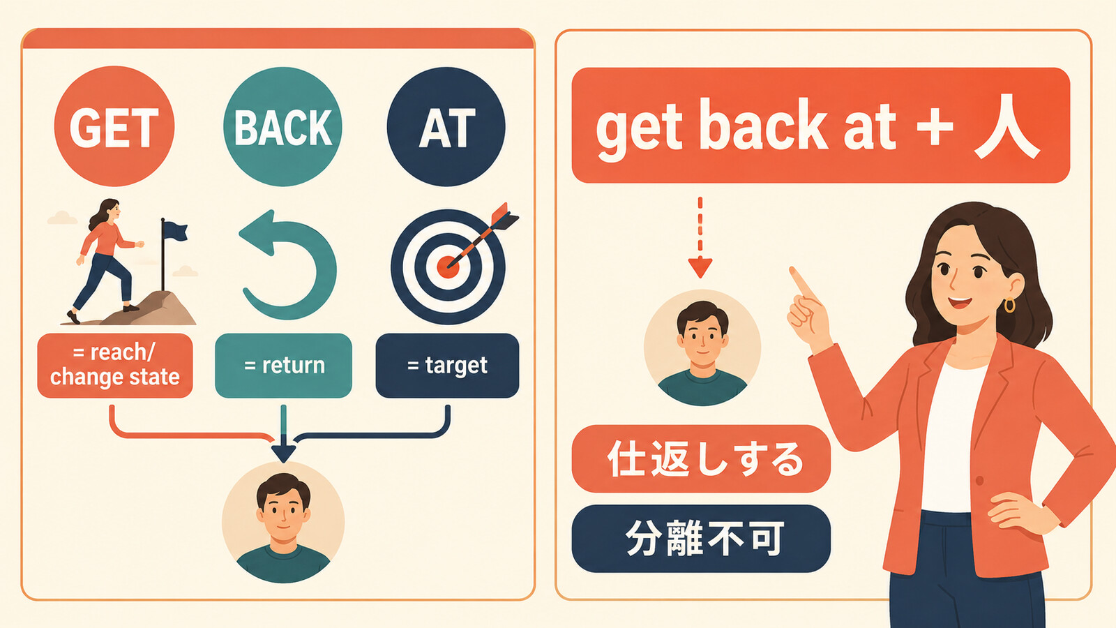 get back at plus 人の語順と分離不可を示す解説イラスト