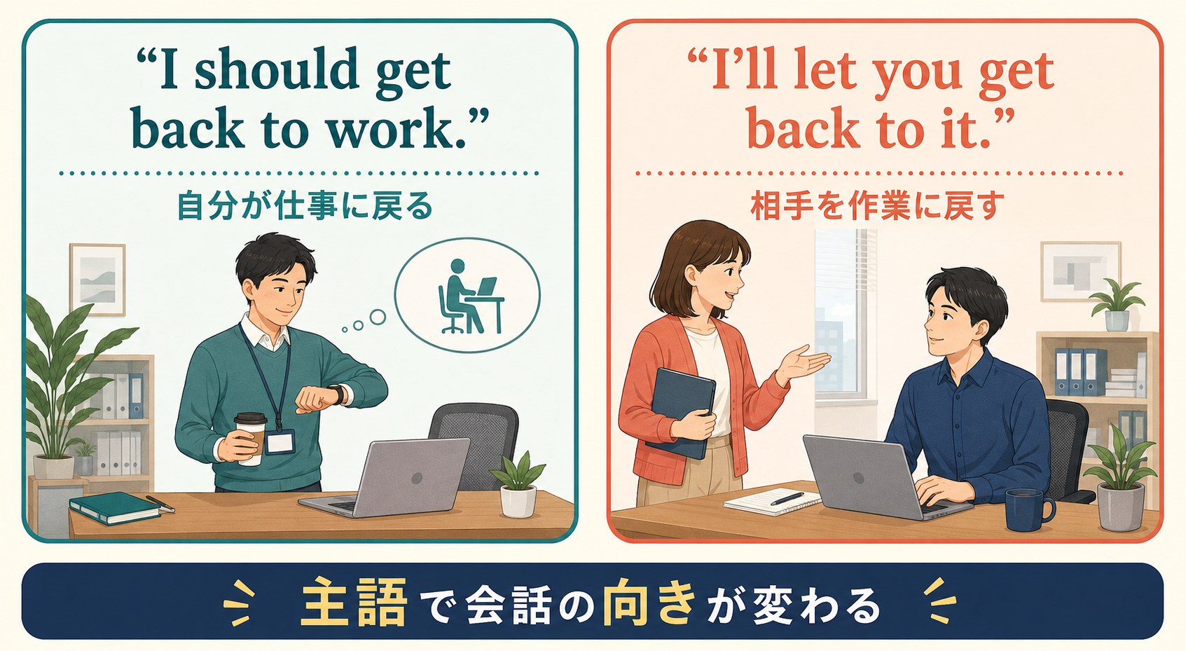 I should get back to work.とI’ll let you get back to it.の違い