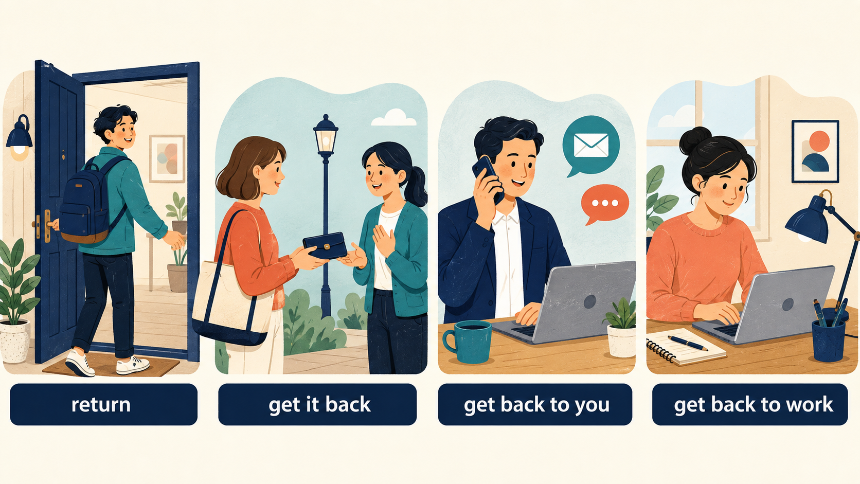 return、get it back、get back to you、get back to workの違いを示すイラスト