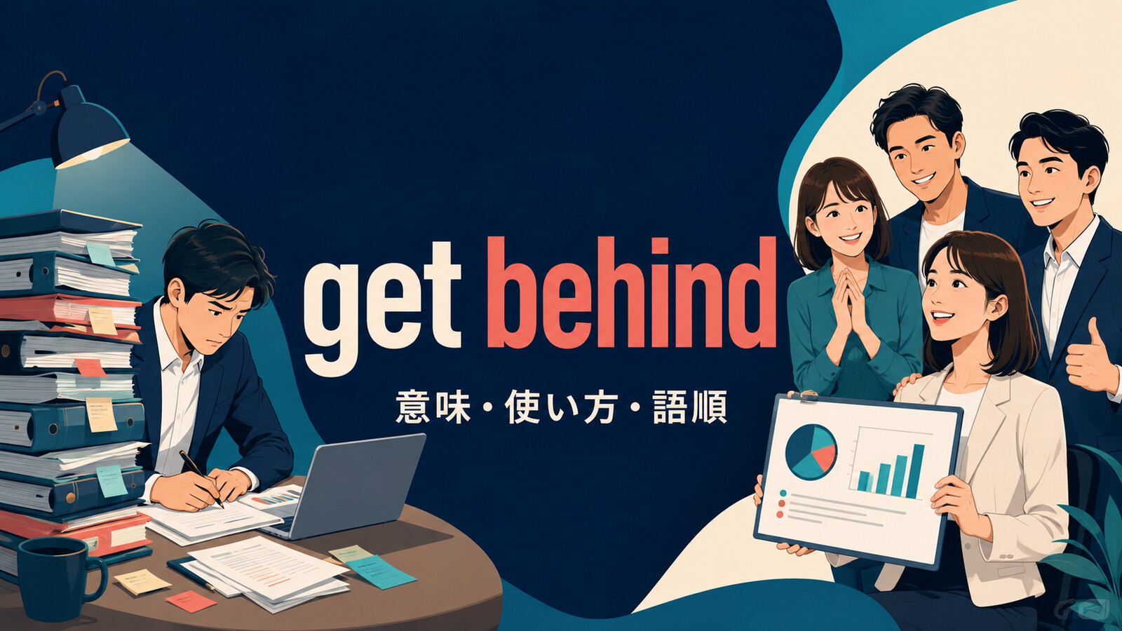 get behindの意味・使い方・語順を解説するアイキャッチ画像