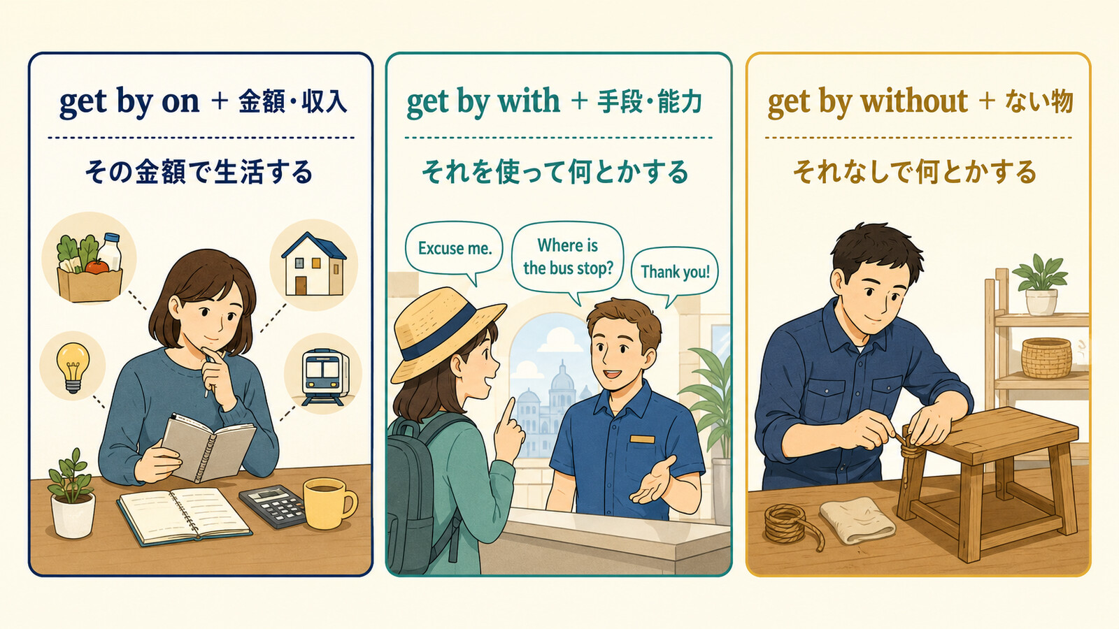 get by on・get by with・get by withoutの語順と意味を示す比較イラスト