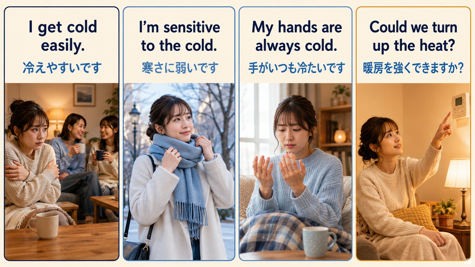 I get cold easily・I’m sensitive to the cold・My hands are always cold・Could we turn up the heatを比較した図