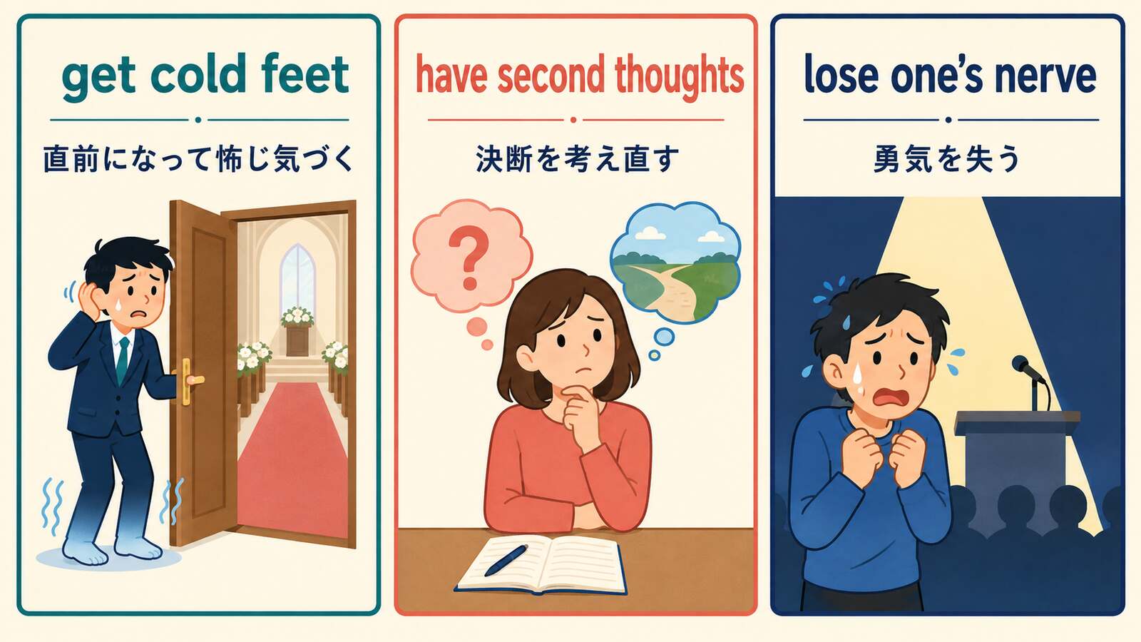 get cold feet・have second thoughts・lose one's nerveの意味とニュアンスの違い