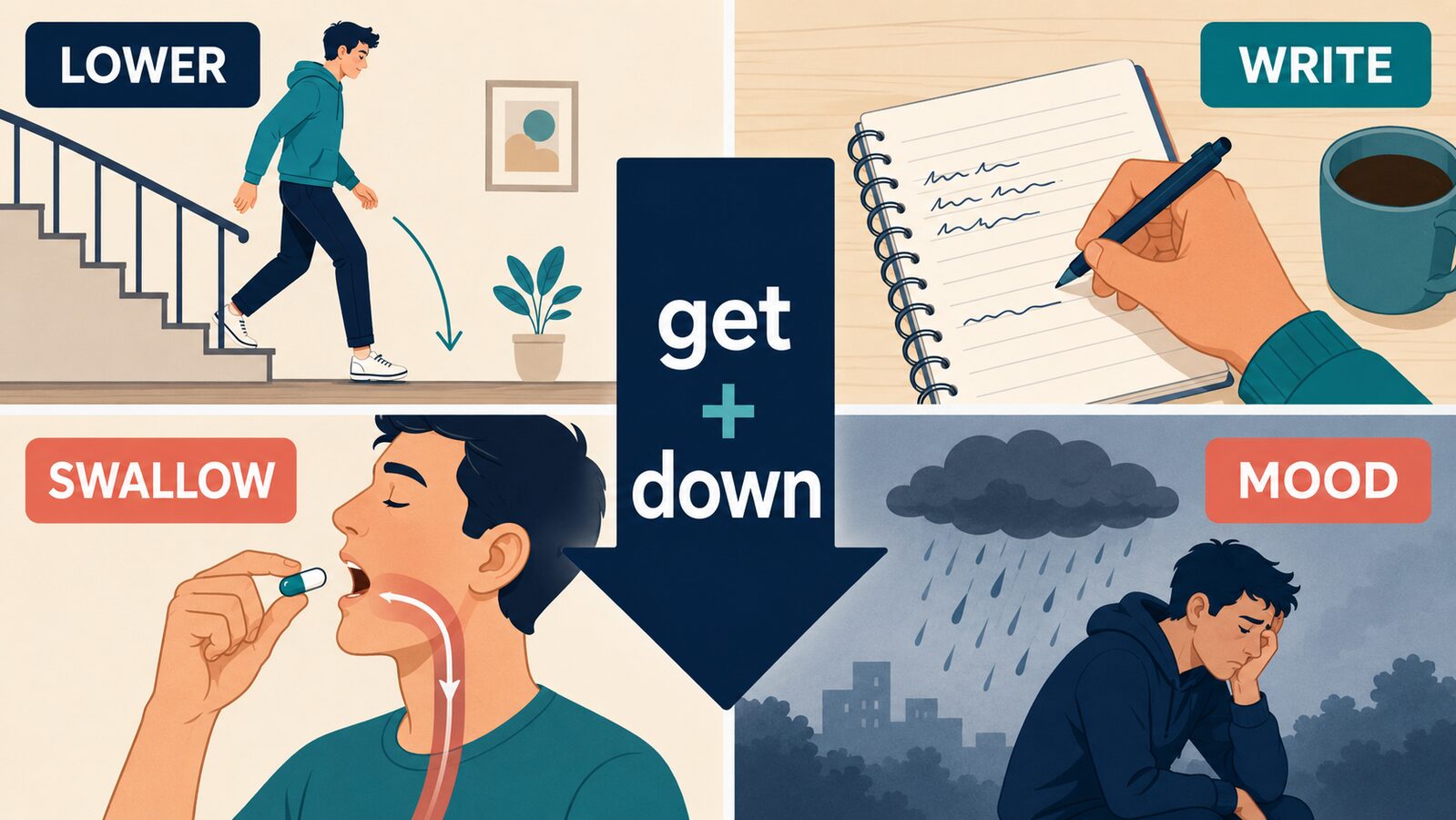 get downの降りる・書き留める・飲み込む・落ち込ませるの4つの意味を示すイラスト
