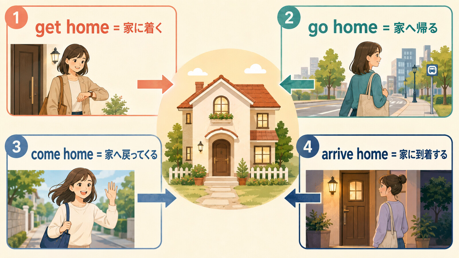 get home・go home・come home・arrive homeのニュアンスの違い