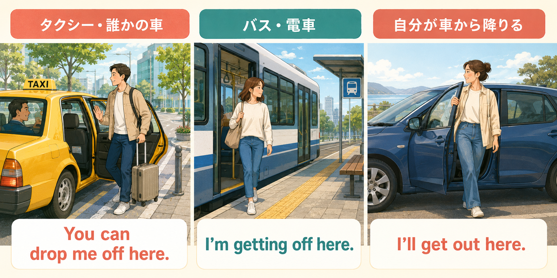 I’m getting off here・I’ll get out here・You can drop me off hereの使い分け
