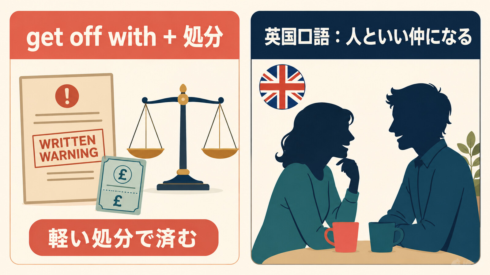 get off withの軽い処分で済む意味と英国口語の意味を示す解説イラスト