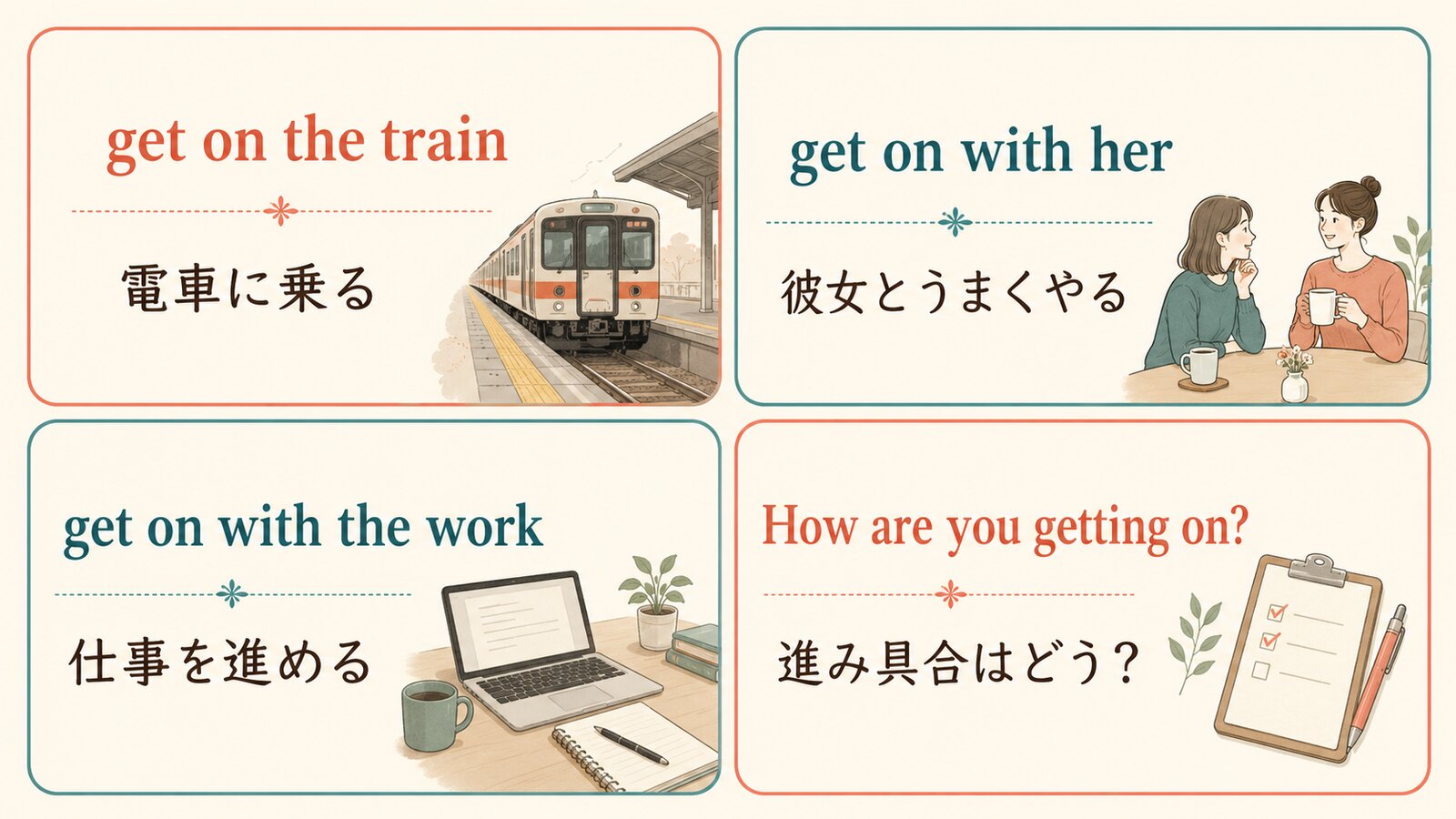 get onの乗車・人間関係・仕事・進捗の使い分け図解