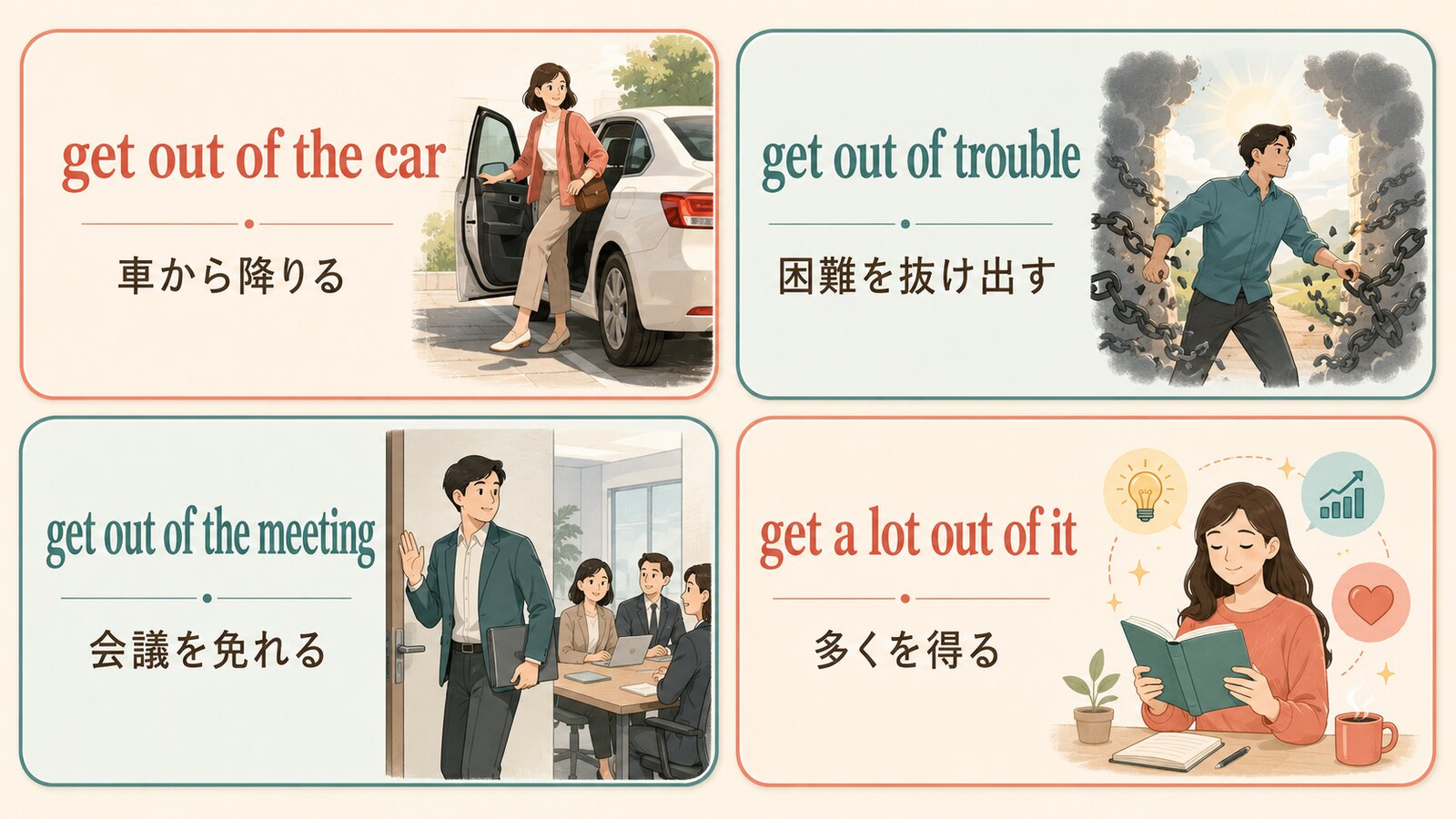 get out ofの車・困難・義務・利益の4つの使い方を示す図解