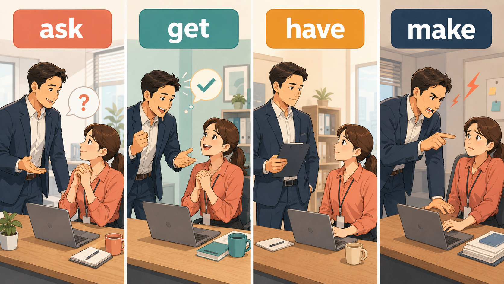 ask、get、have、makeで人に行動してもらうニュアンスの比較