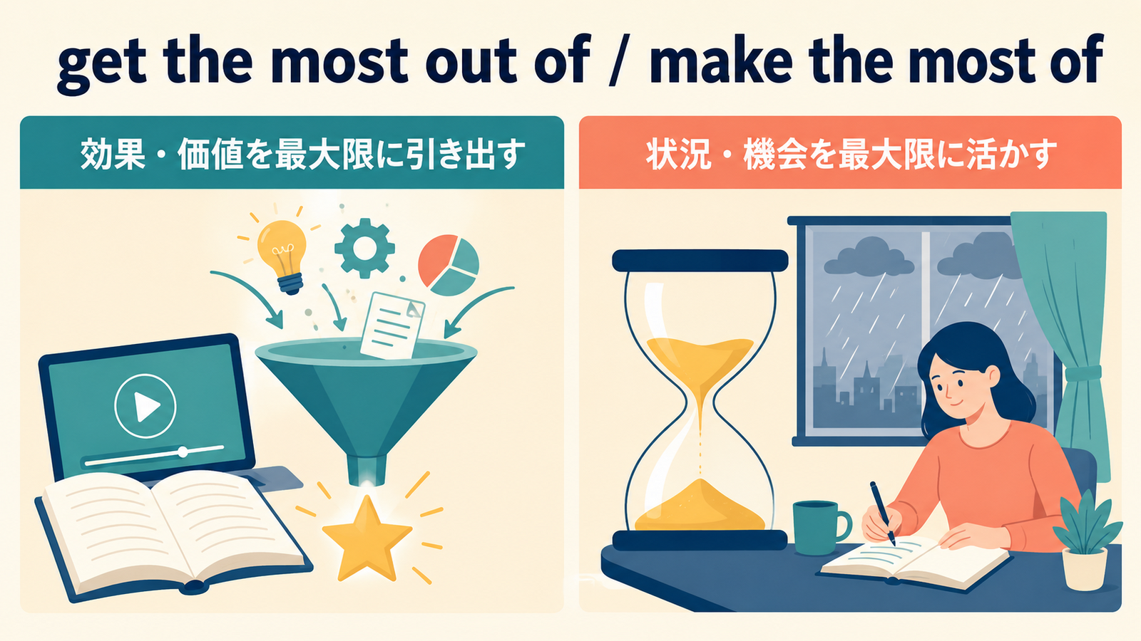 get the most out ofとmake the most ofのニュアンスの違いを比較した図