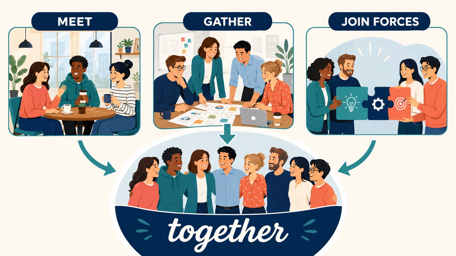 get togetherの会う・集まる・力を合わせる意味を示すイラスト