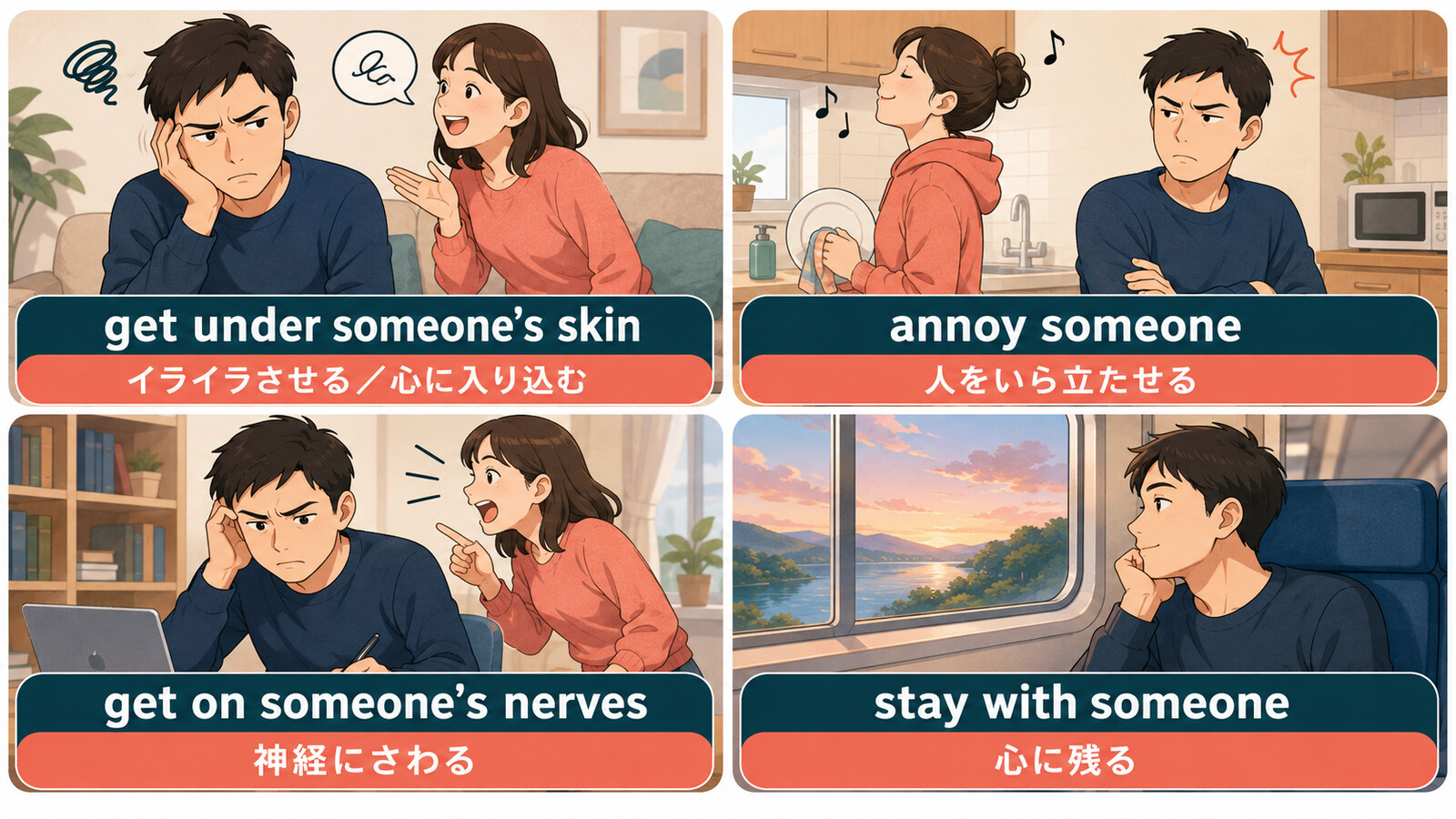 get under someone's skin・annoy・get on someone's nerves・stay with someoneの違い
