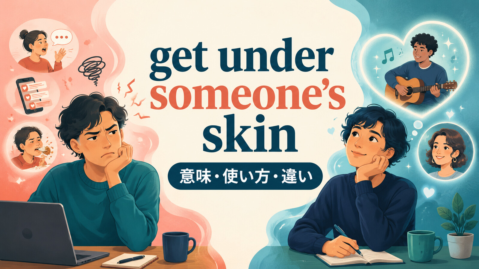 get under someone's skinの2つの意味を表すイラスト