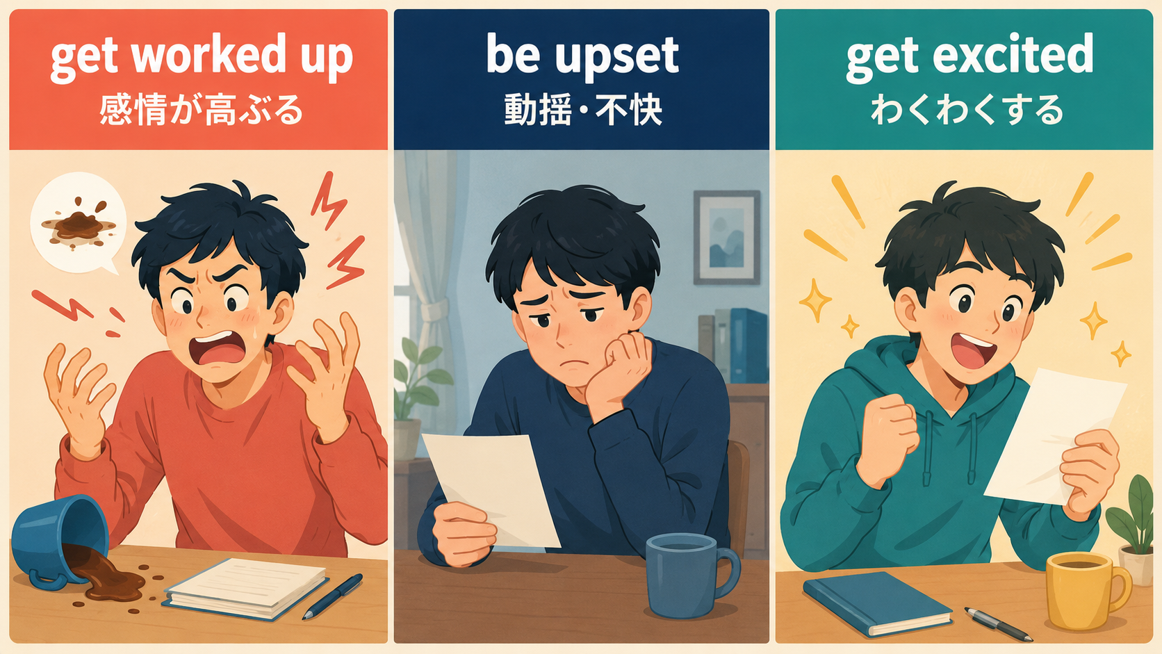get worked up、be upset、get excitedのニュアンスの違い