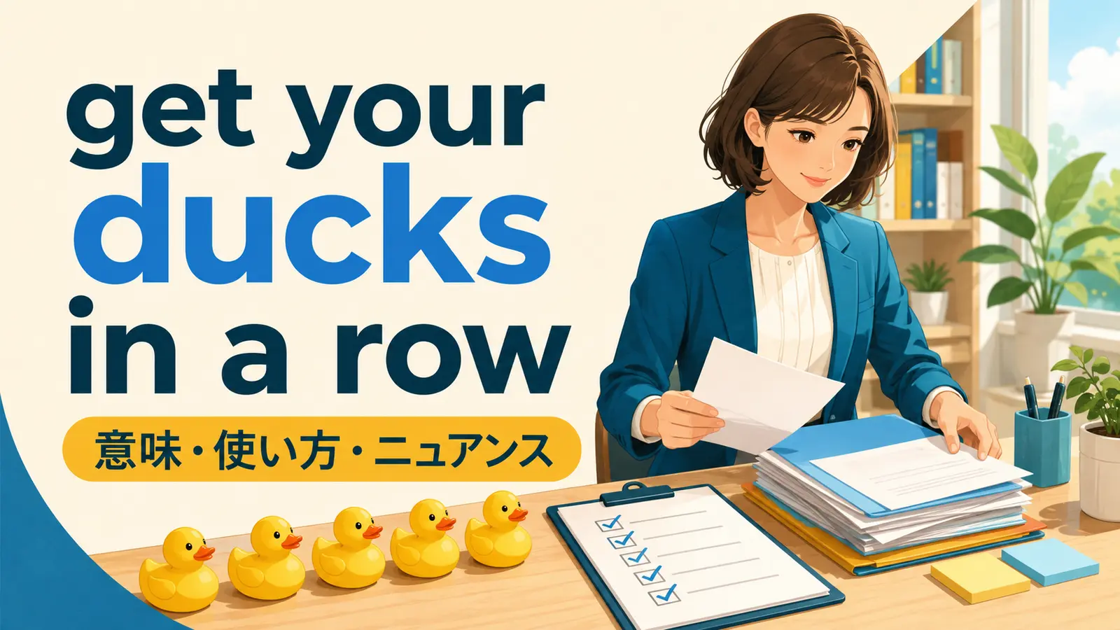 get your ducks in a rowの意味は？「準備・段取りを整える」の使い方