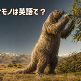 後ろ脚で立つオオナマケモノと「オオナマケモノは英語で?」の文字