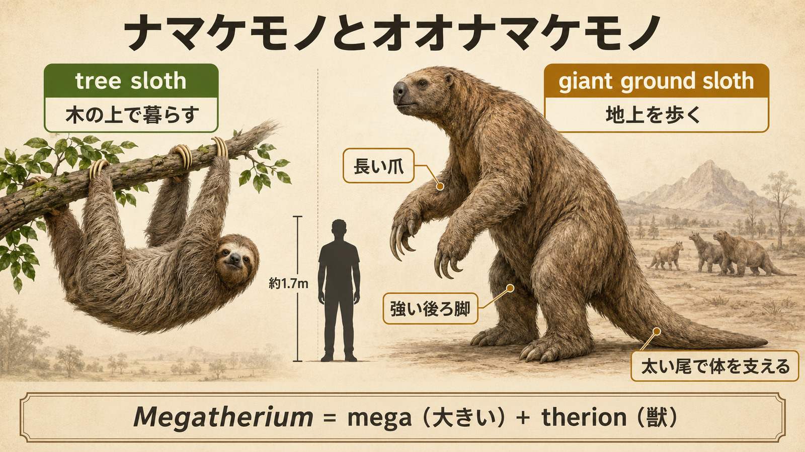 木で暮らすtree slothと地上を歩くgiant ground slothの大きさや体の特徴を比較する図