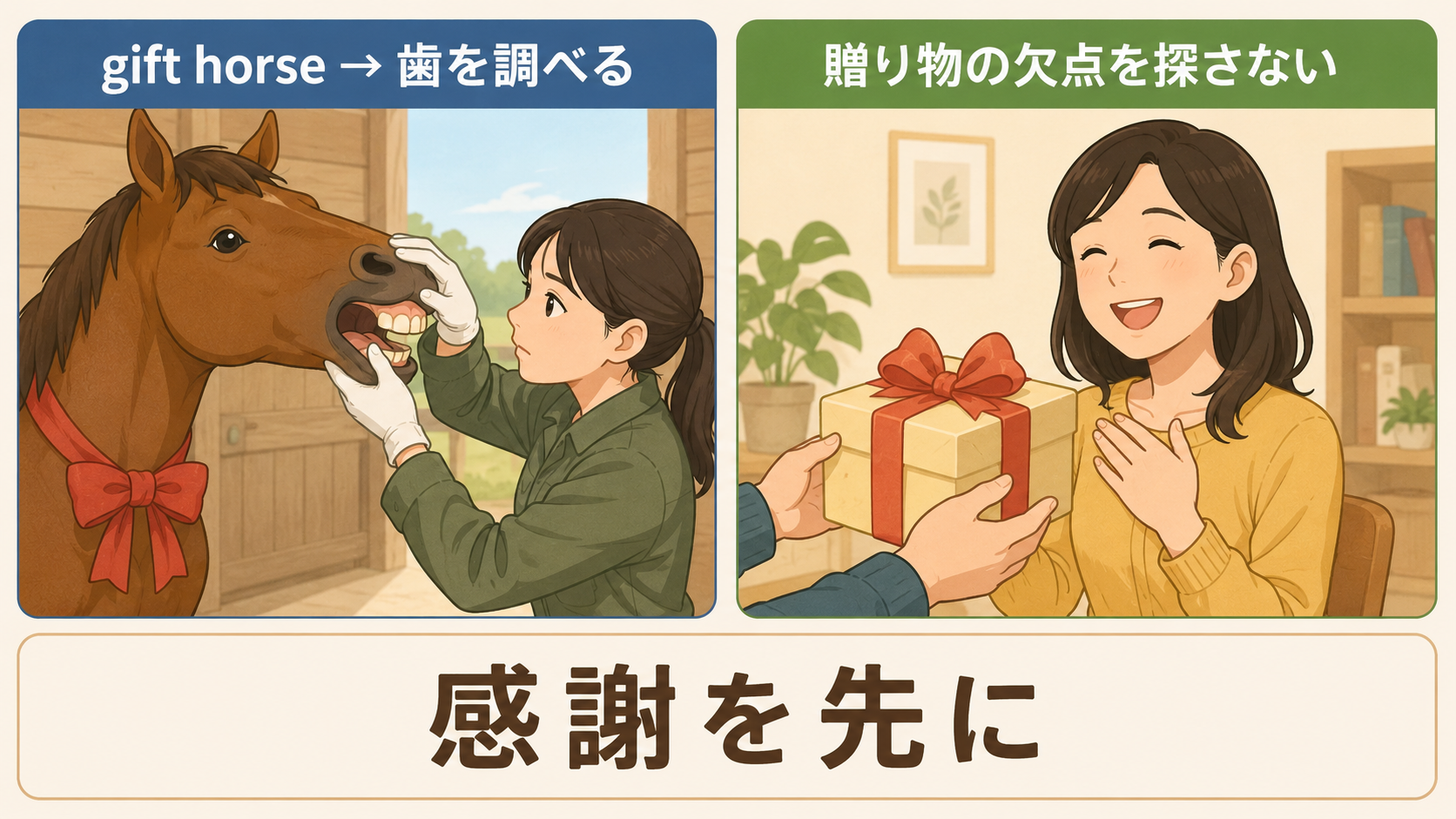 Never look a gift horse in the mouth.の直訳と実際のニュアンスを比べる解説イラスト