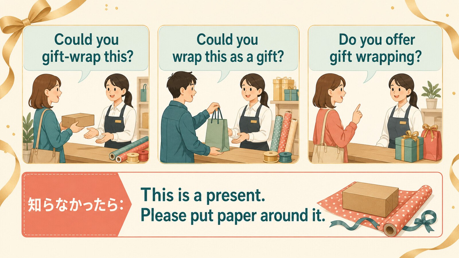 Could you gift-wrap this、wrap this as a gift、Do you offer gift wrappingの違いと簡単な言い換え