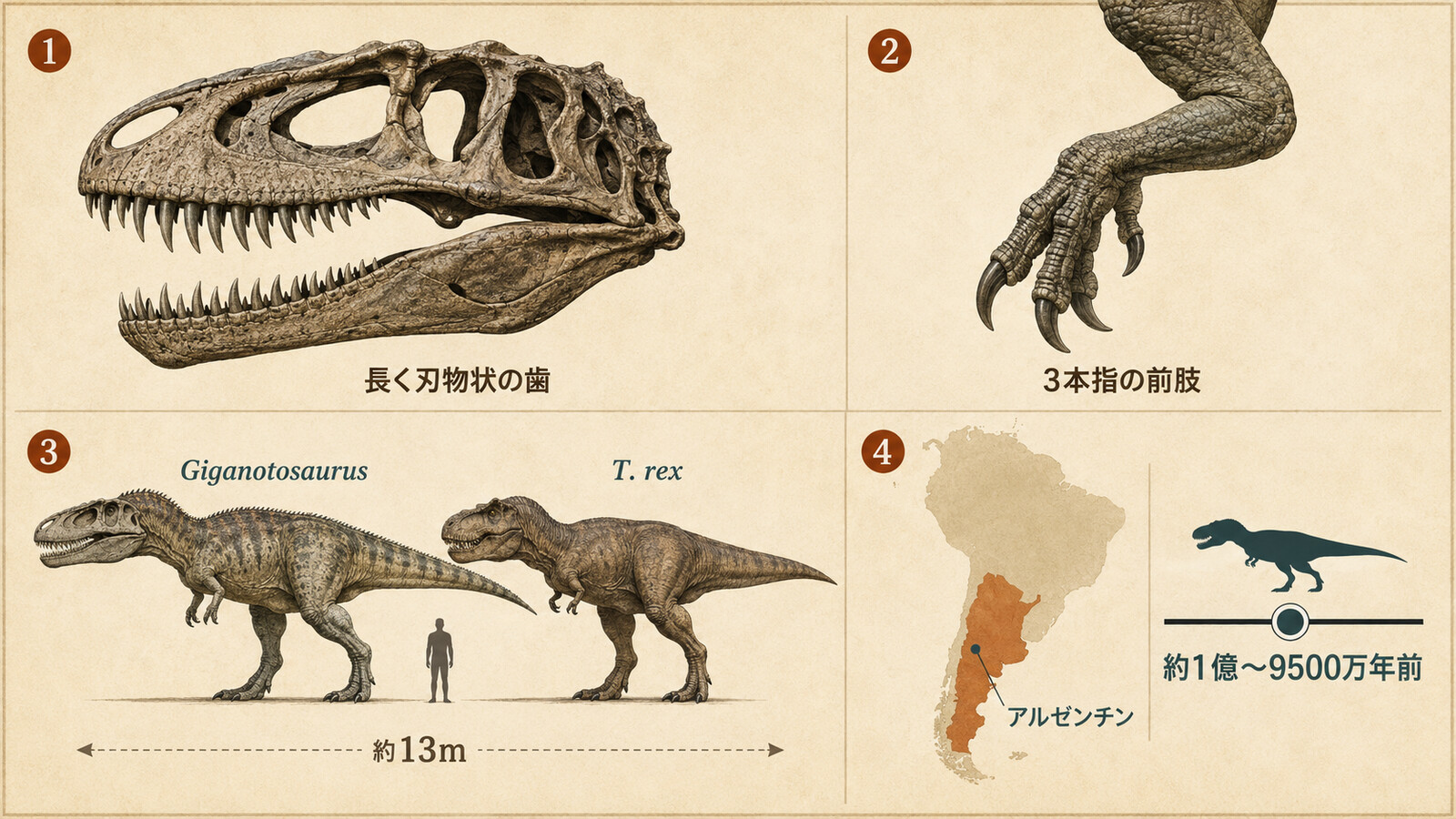 ギガノトサウルスの長く刃物状の歯・三本指の前肢・T. rexとの体格比較・アルゼンチンの生息地を示す図