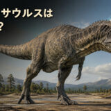 白亜紀のパタゴニアを歩くギガノトサウルスと「ギガノトサウルスは英語で?」の文字