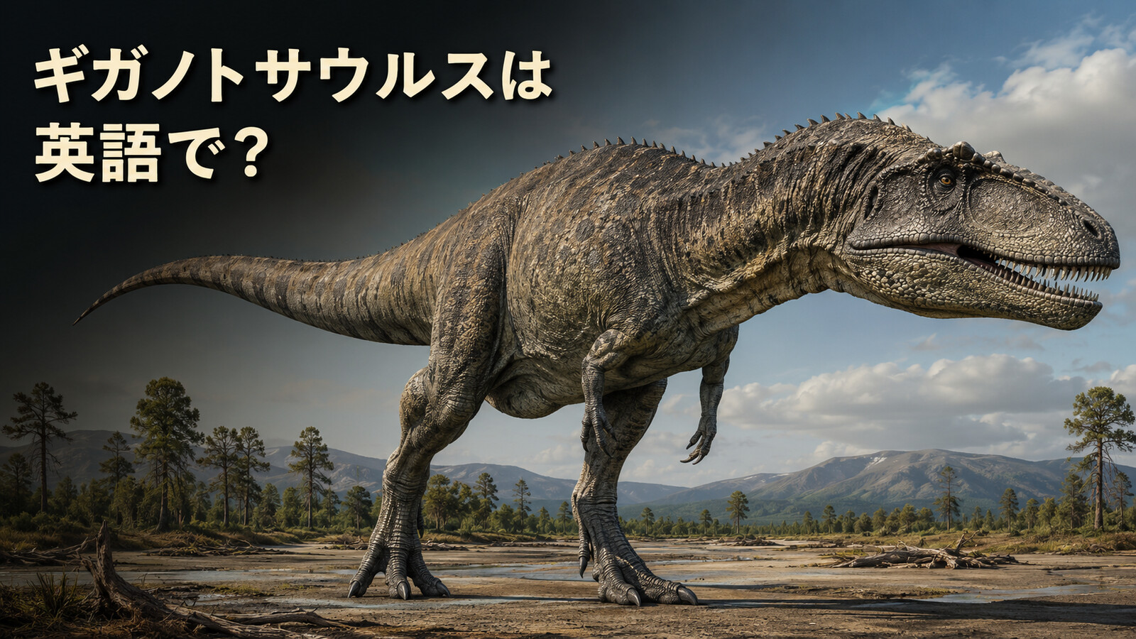 白亜紀のパタゴニアを歩くギガノトサウルスと「ギガノトサウルスは英語で?」の文字