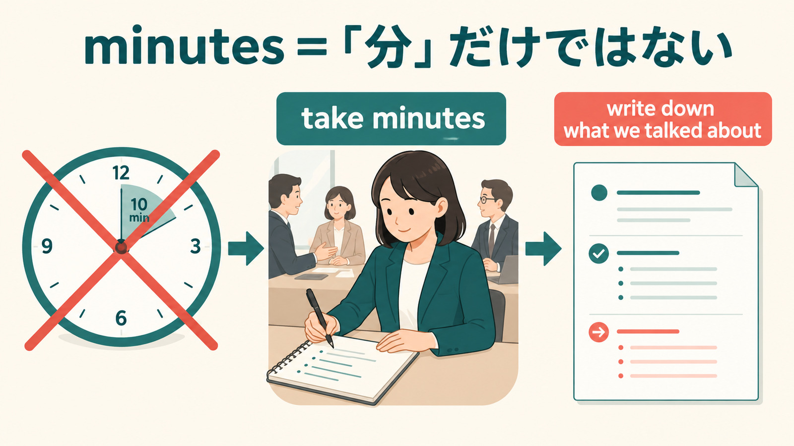 take minutesと会議で話した内容を書き留める言い換えを示すしゅみすけ式イラスト