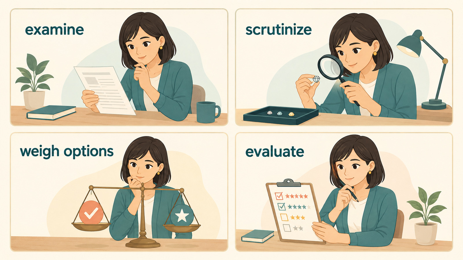 吟味するを表すexamine・scrutinize・weigh・evaluateの違い