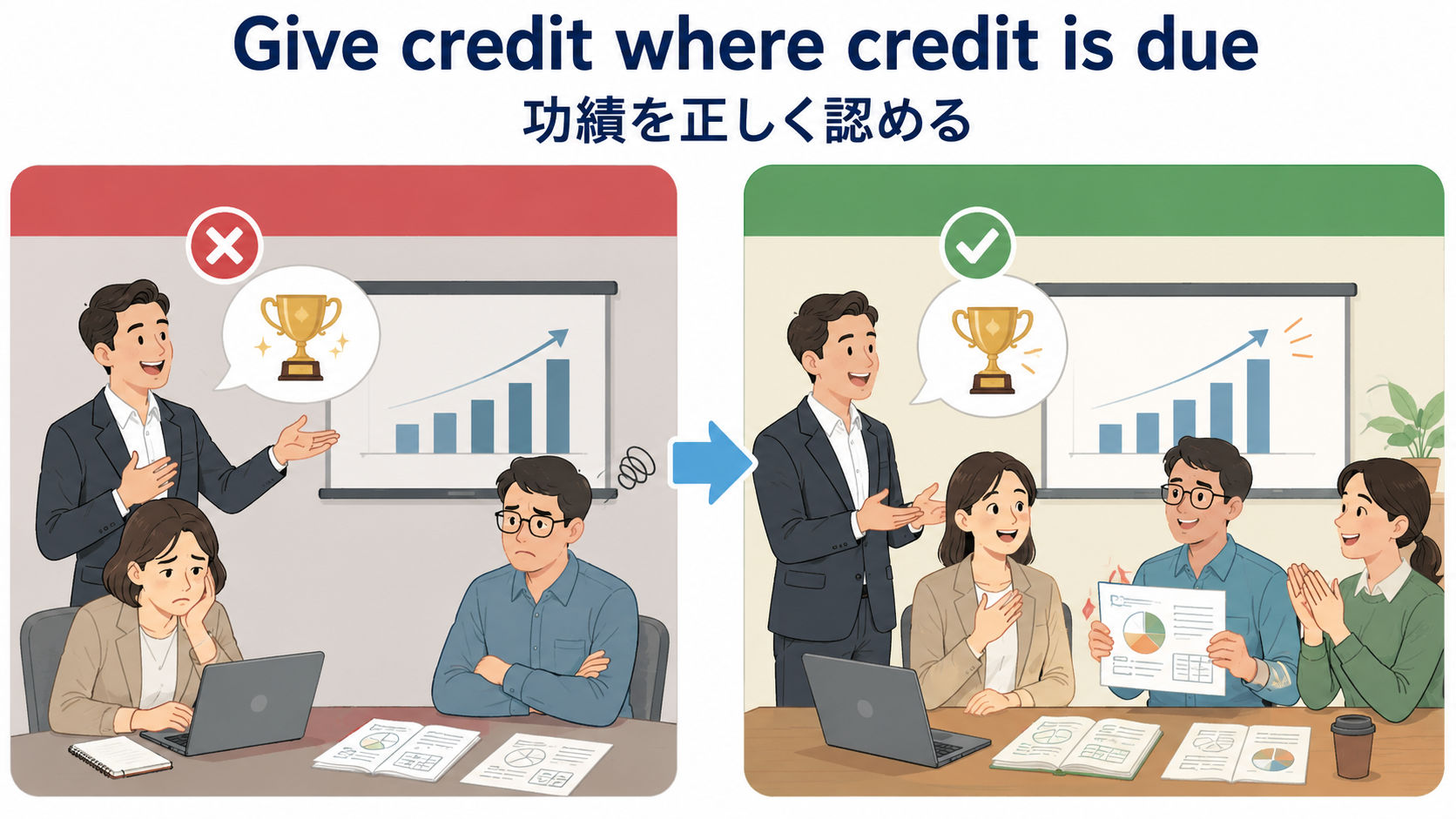 Give credit where credit is dueの直訳と実際のニュアンスを図解