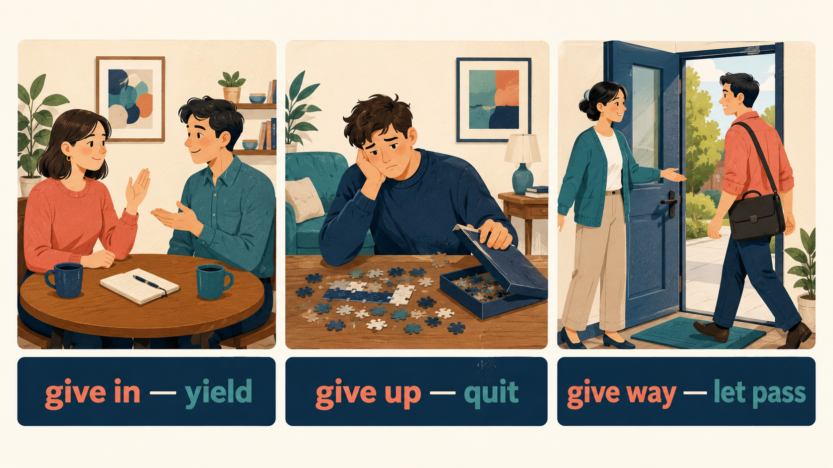 give in、give up、give wayの違いを3つの場面で示すイラスト