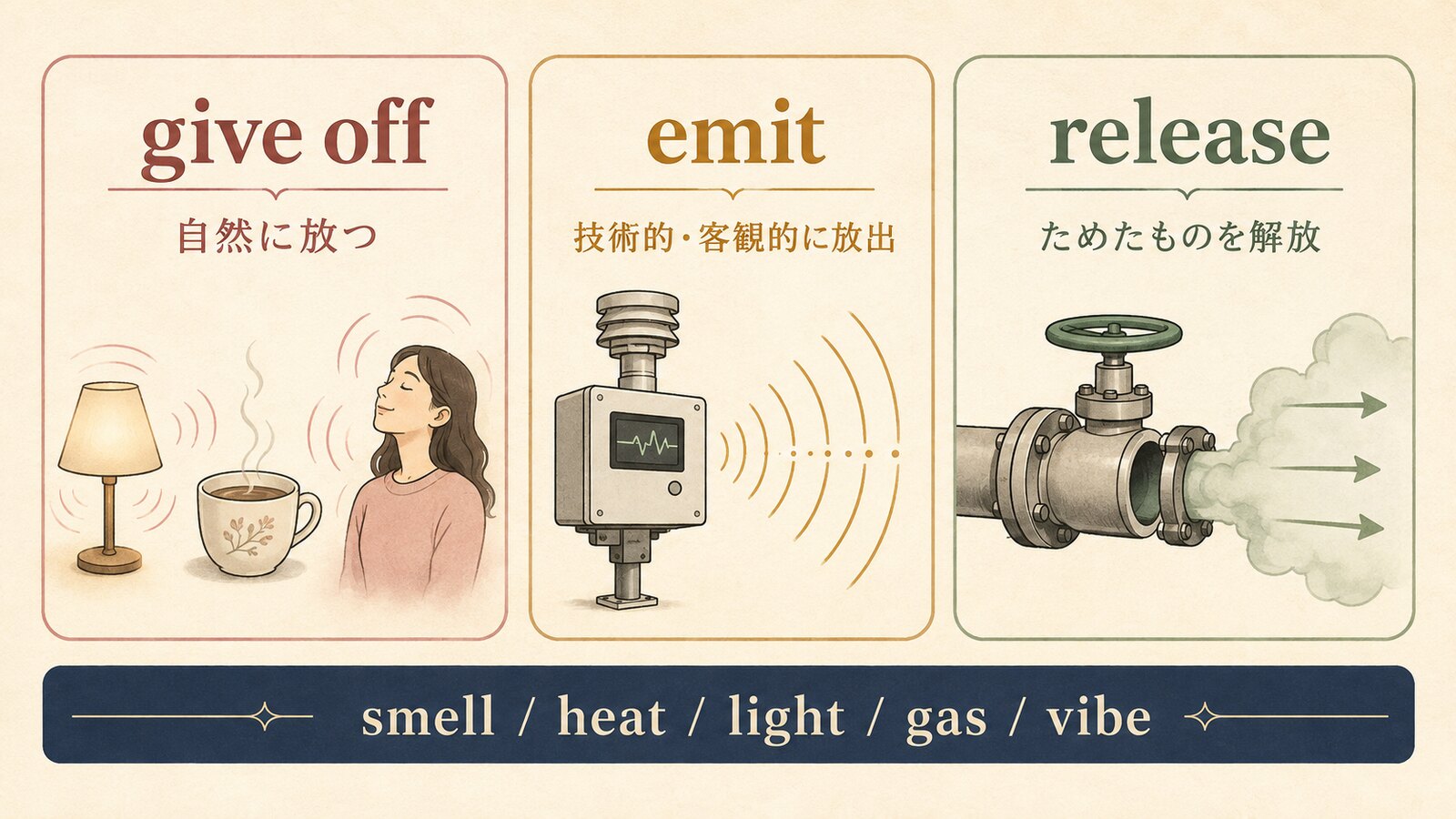 give off・emit・releaseの違いを示す図解