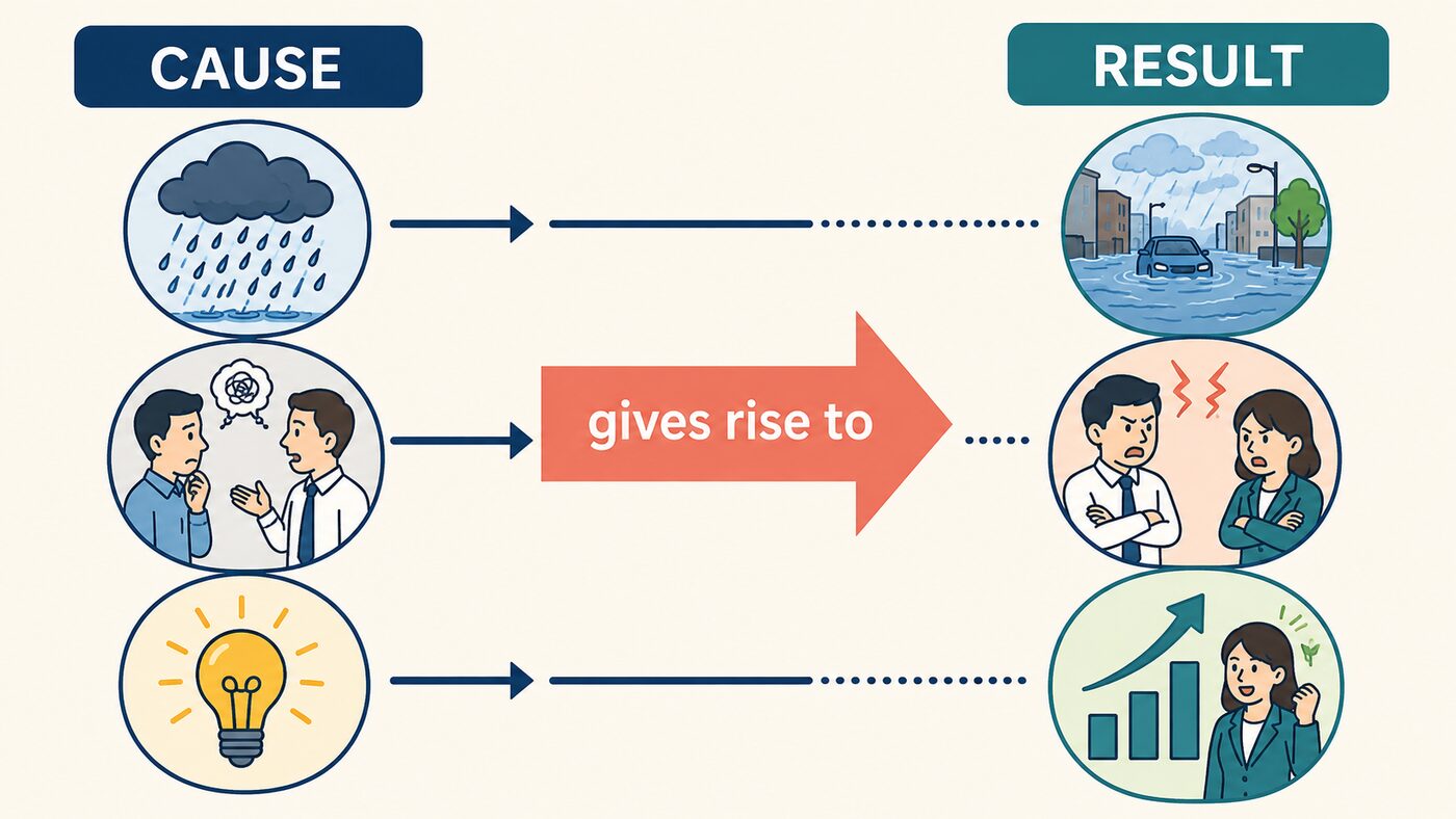 give rise toが原因から結果を生じさせるイメージ図