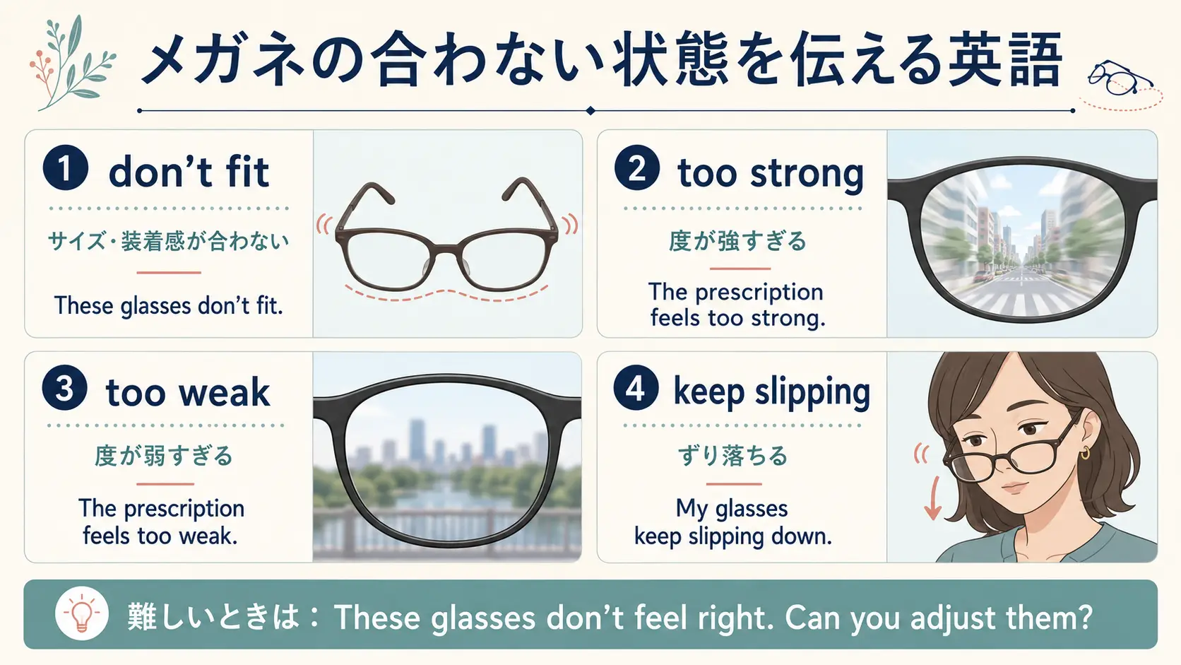 don’t fit、too strong、too weak、keep slippingの違いを示す英語図解