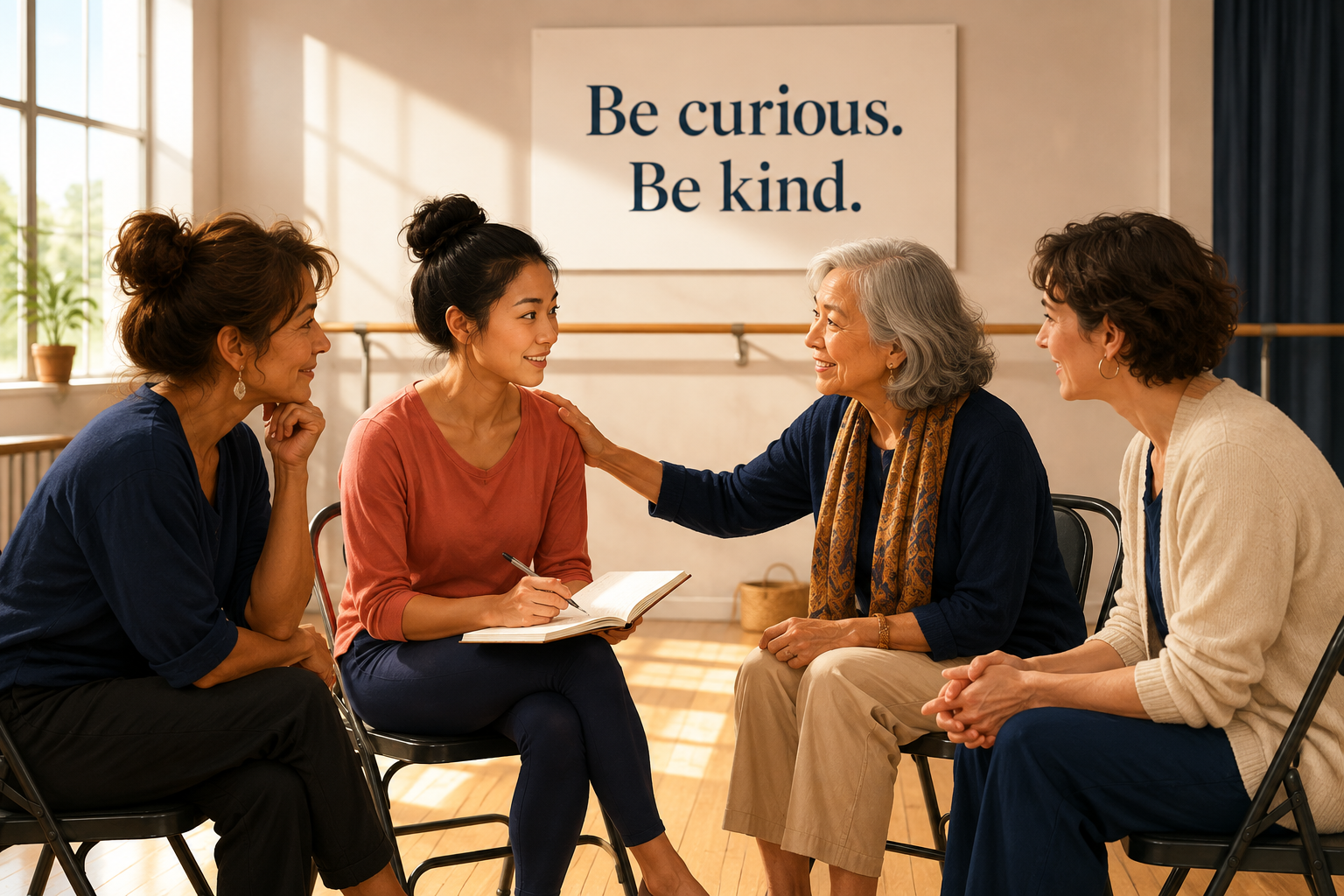 稽古場で向き合って話す四世代の架空の女性とBe curious. Be kind.の文字