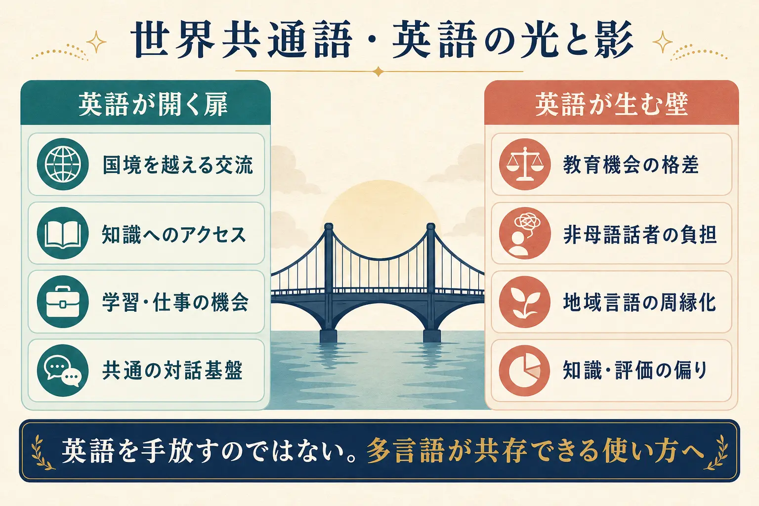 英語が開く扉と英語が生む壁を比較した図解