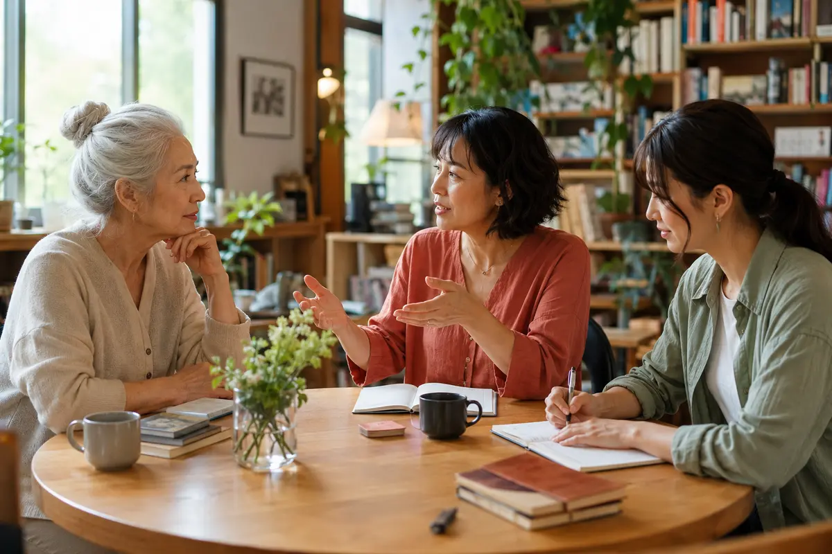 世代を超えてテーブルで語り合う3人の女性