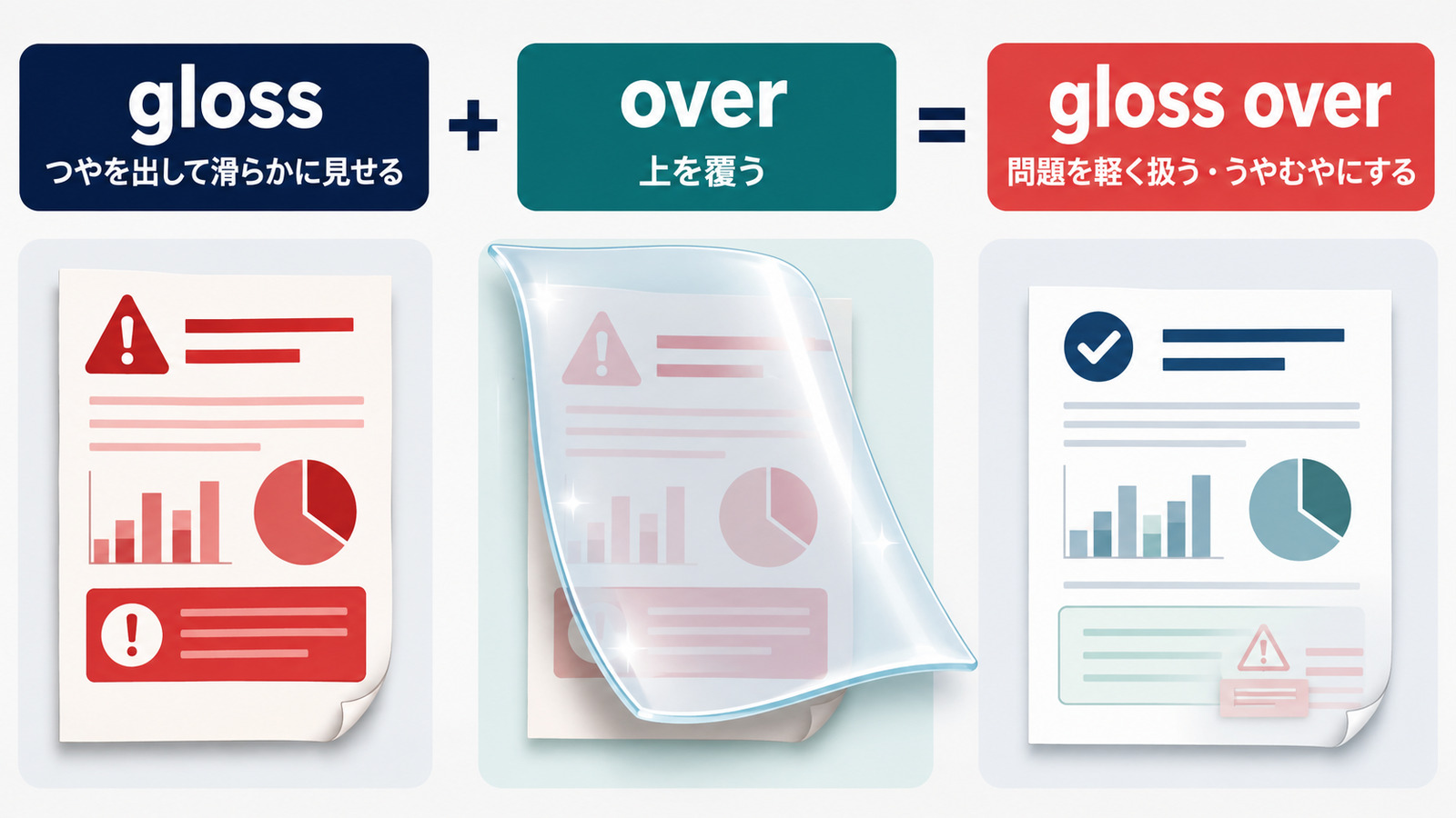 glossとoverからgloss overの「問題を軽く扱う・うやむやにする」を理解する図解