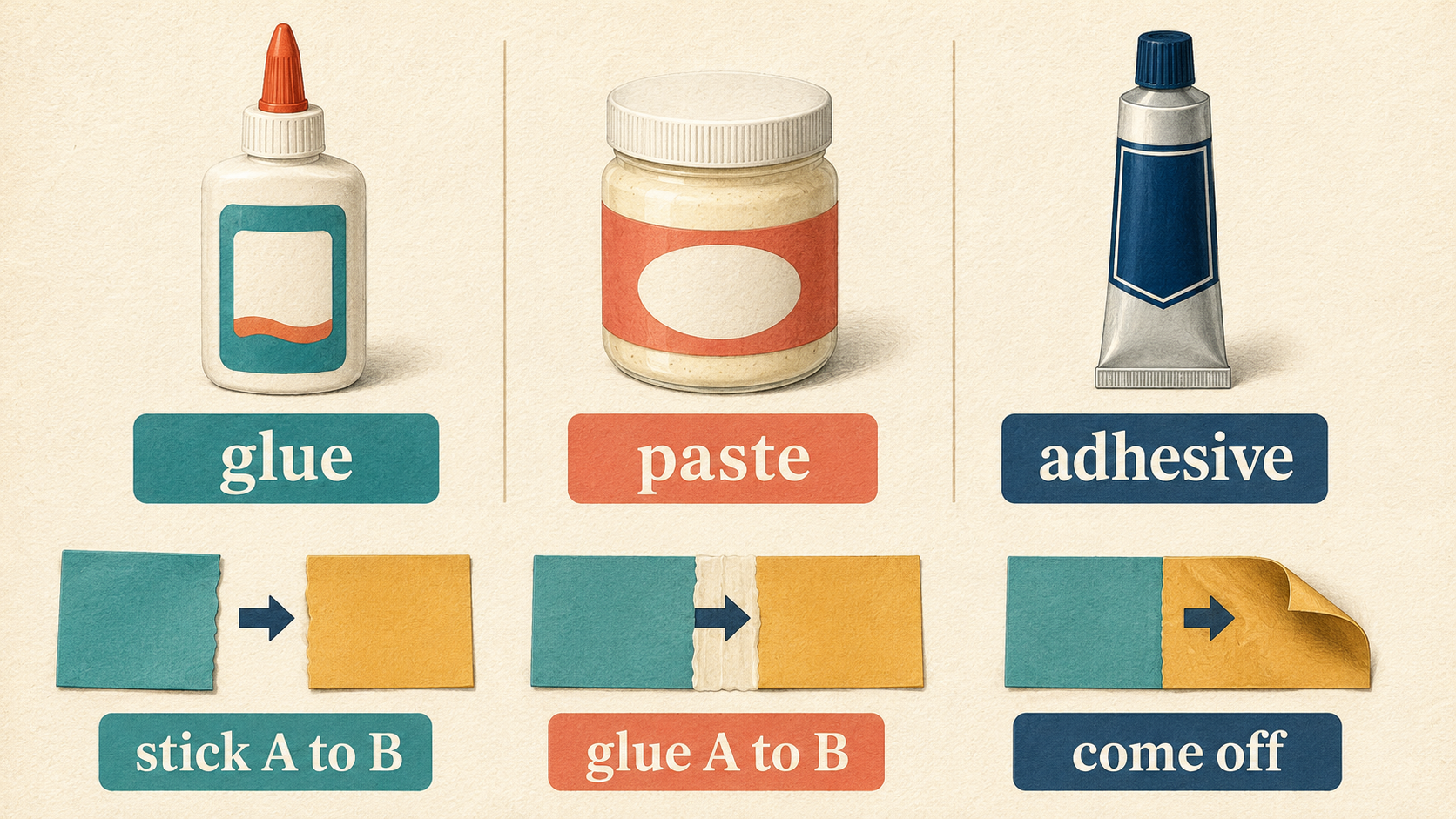 glue・paste・adhesiveとstick A to B・come offの使い分け