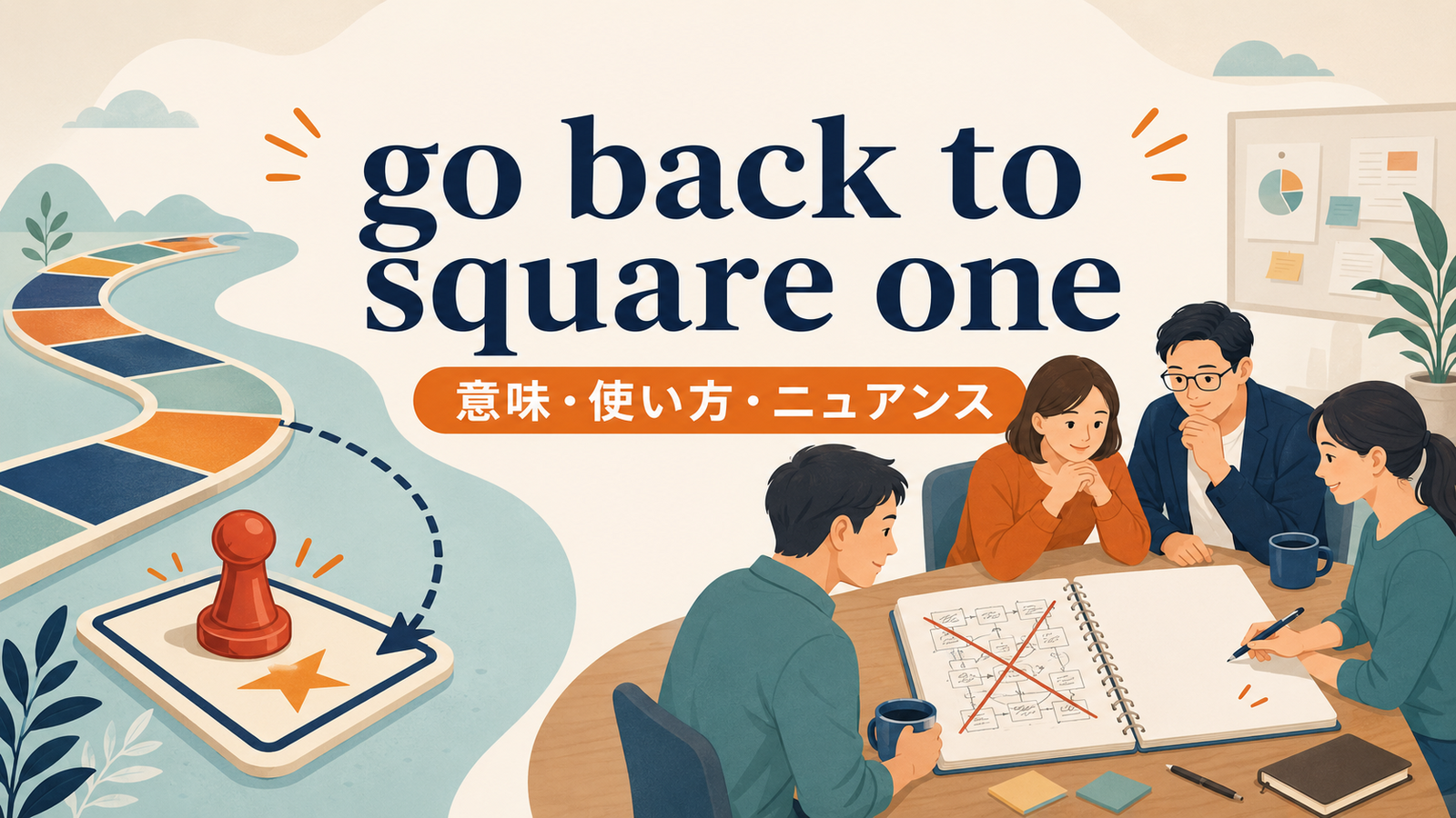 go back to square oneの意味・使い方・ニュアンスを表すアイキャッチ