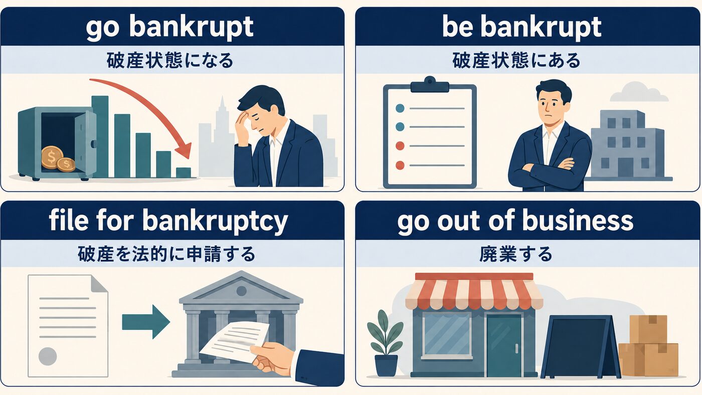 go bankrupt・be bankrupt・file for bankruptcy・go out of businessの違い