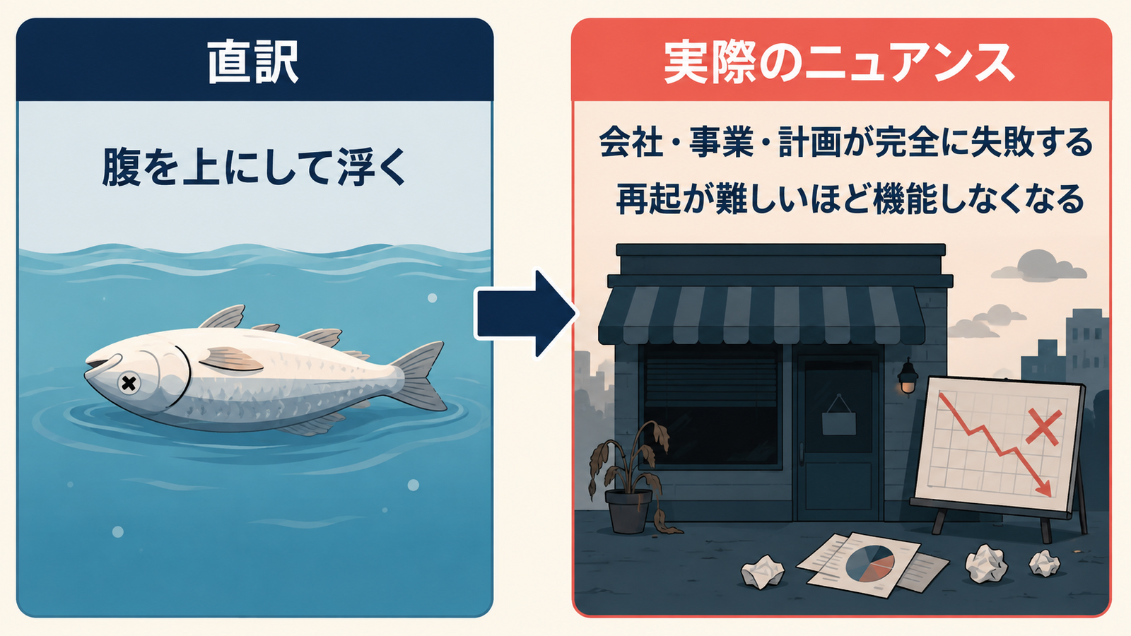 go belly upの直訳「腹を上にして浮く」と会社・事業・計画が失敗するニュアンスの比較