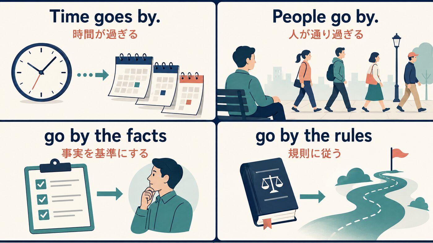 時間が過ぎる・通り過ぎる・基準にする・規則に従うというgo byの意味